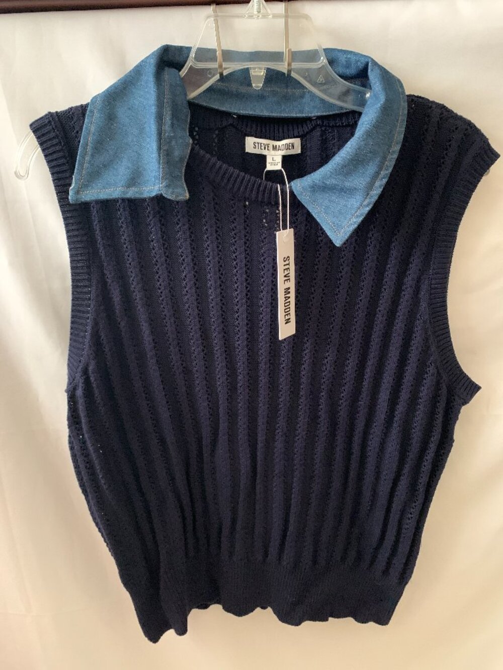 STEVE MADDEN Ribbed Knit Vest with Removable Denim Collar in Midnight Sz LARGE